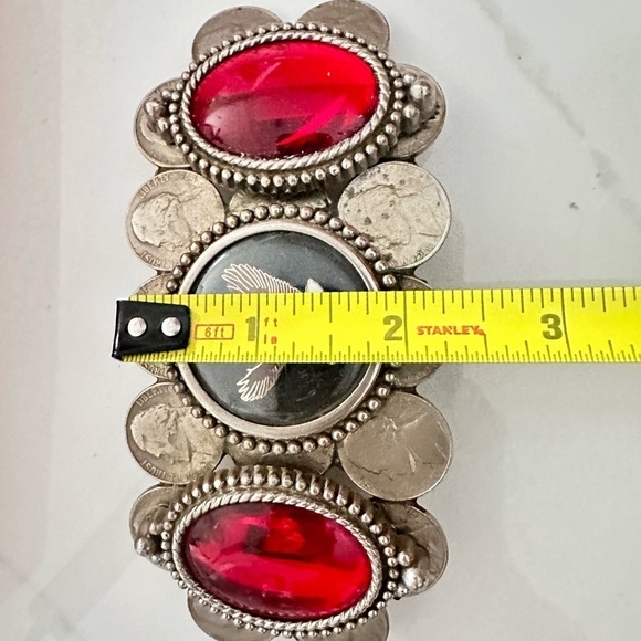 Patriot BELT BUCKLE MENS Eagle Nickels and Red Cabochons 5.5 Silver Tone 4110 B - Picture 9 of 11